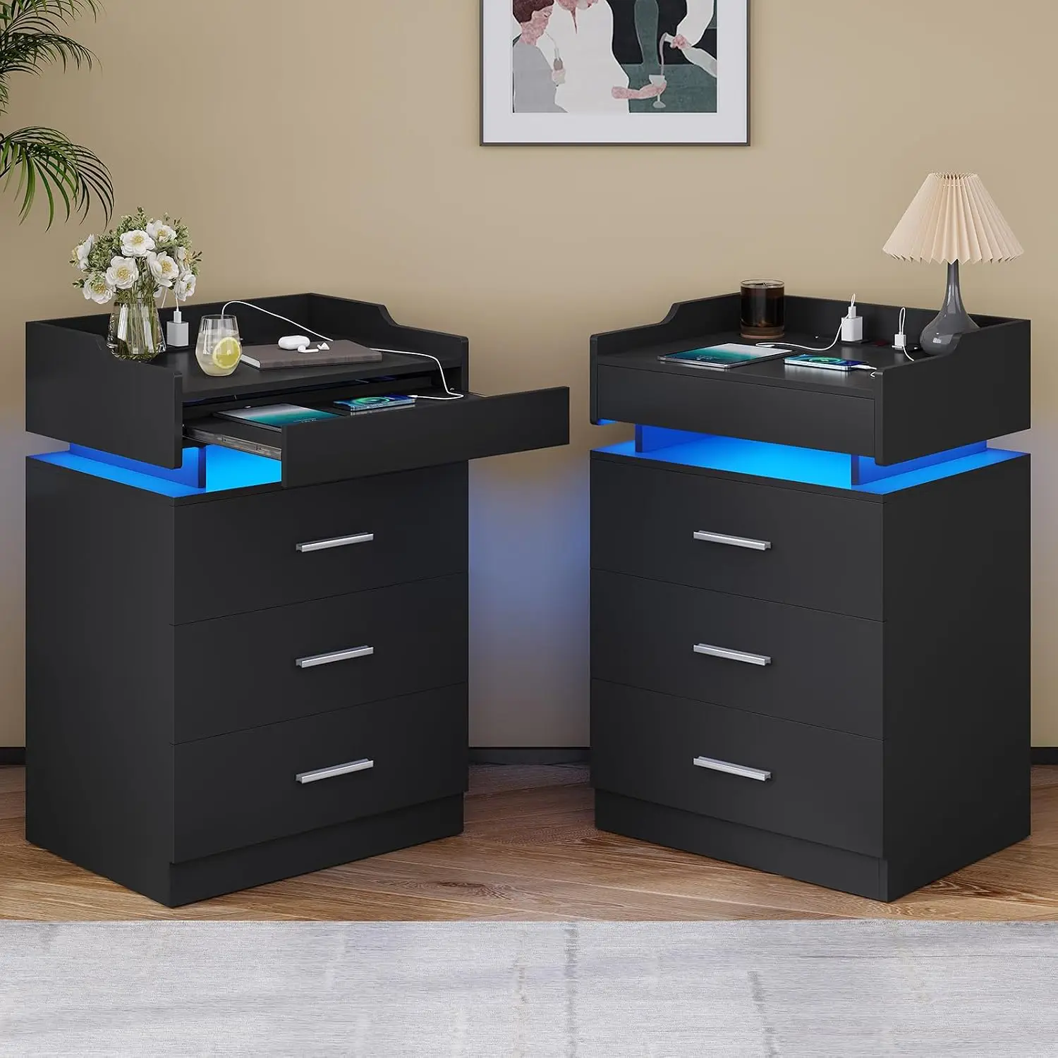 LED Nightstand Set of 2 with Charging Station & Pull-Out Shelf, 3-Drawer Bedside End Table with Storage, Black, Customized