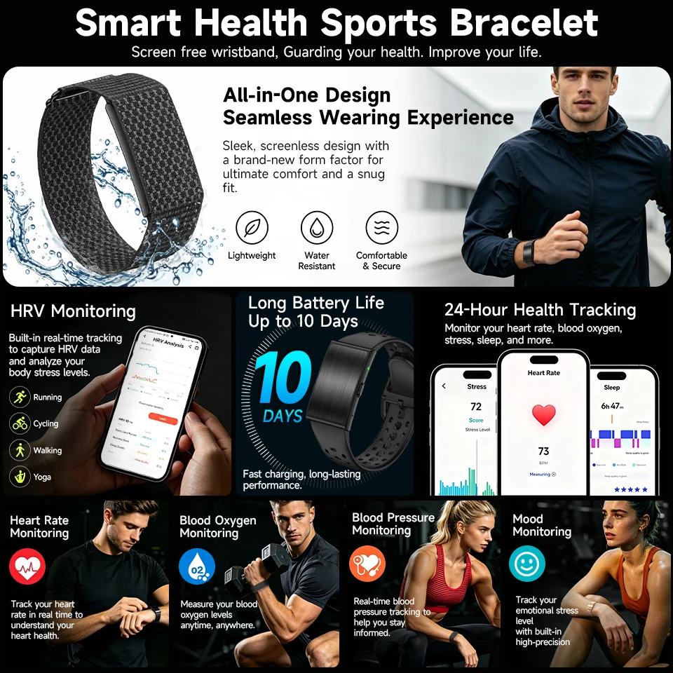 No Screen Smart Band Sport Fitness Tracker AI Meeting Recording 1GB Local Storage Health Monitor Smart Bracelet Men Smartwatch