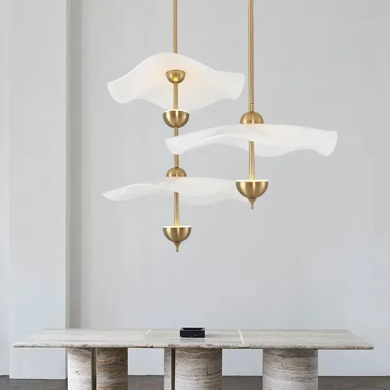 LED White Acrylic Lotus Leaf Pendant Lights Nordic Creative Gold Wrought Iron Hanging Lamp Living