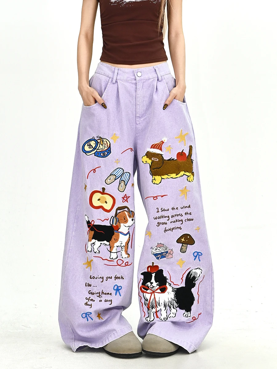 Lazy Cartoon Dog Loose Wide Leg Jeans Women's Summer New Style Vintage Floor-Length Trousers Fashionable Casual Denim Pants