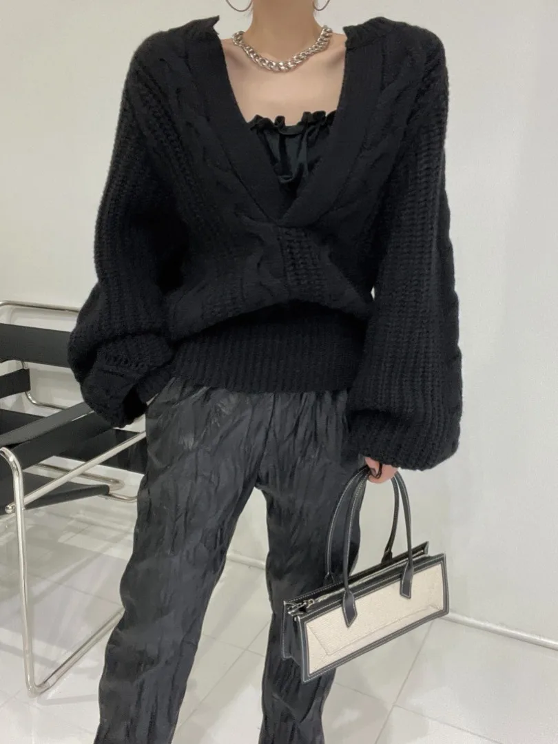 

Chic Autumn Winter Knitted Loose Lantern Sve Sweater Pure Color Neline Pattern Sli Streetwear Chinese Brand Women's Top