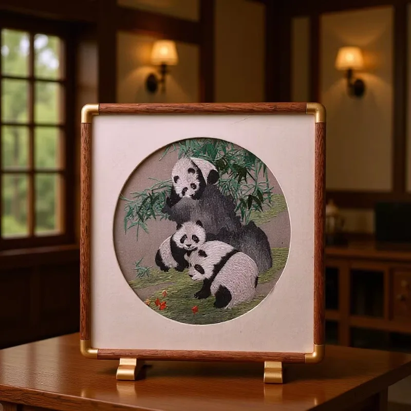Shu Embroidery Double-Sided Panda Figurine, Intangible Cultural Heritage Craft Gift for Home Decor & Collectors