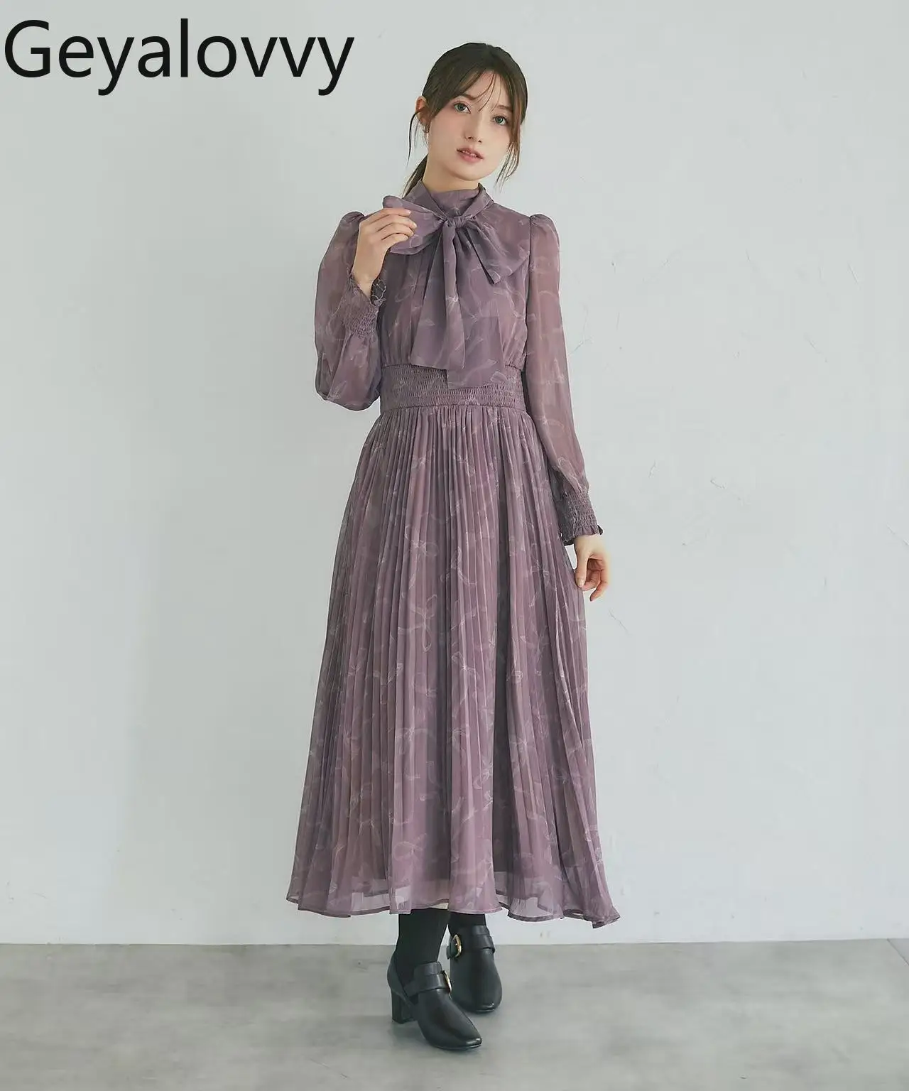 

Japanese Style Niche Spring Autumn Elegant Temperament Printed Bow Collar Dress High Waist Slim Long-Sleeve Pleated Long Dress