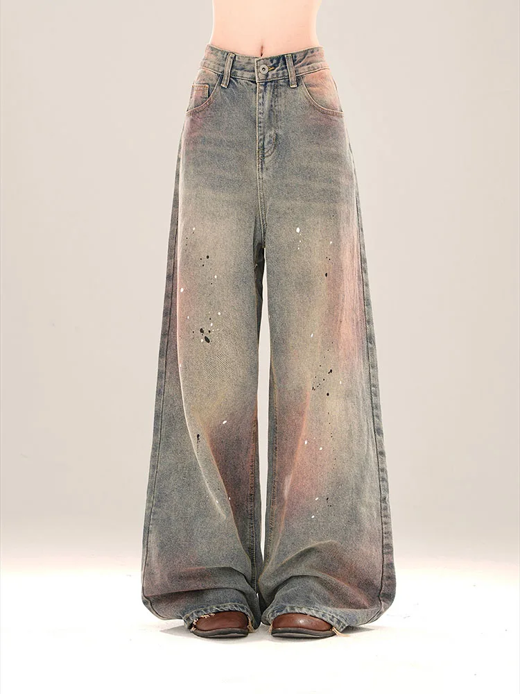 Vintage-Jeans für Damen, modisch, Streetwear, lässige Jeans, lose Taschen, gerade Hose mit weitem Bein, 2025, neue Ganzjahresjeans