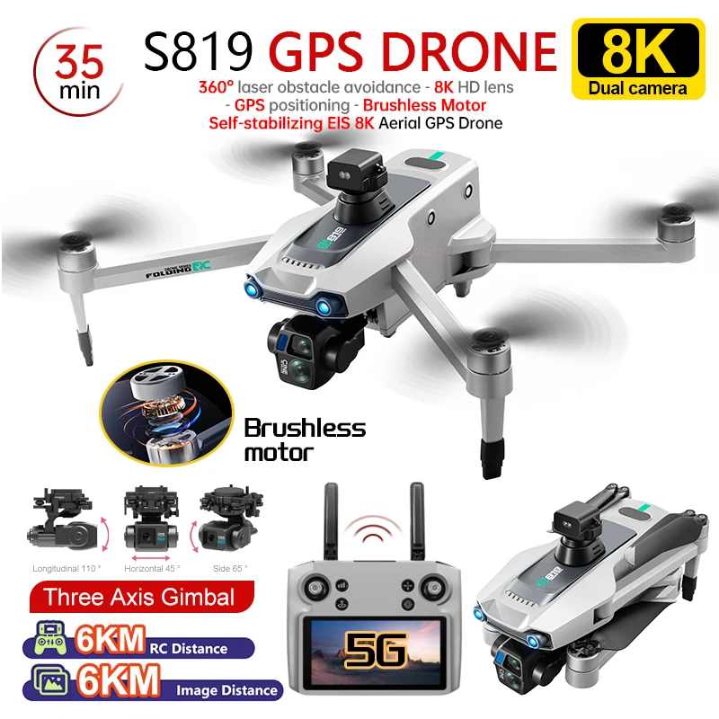 2025 New S819 GPS Drone 5G Professional 8K HD Aerial Dual Camera Screen Control 360° Obstacle Avoidance 5G WIFI RC Dron 6000M