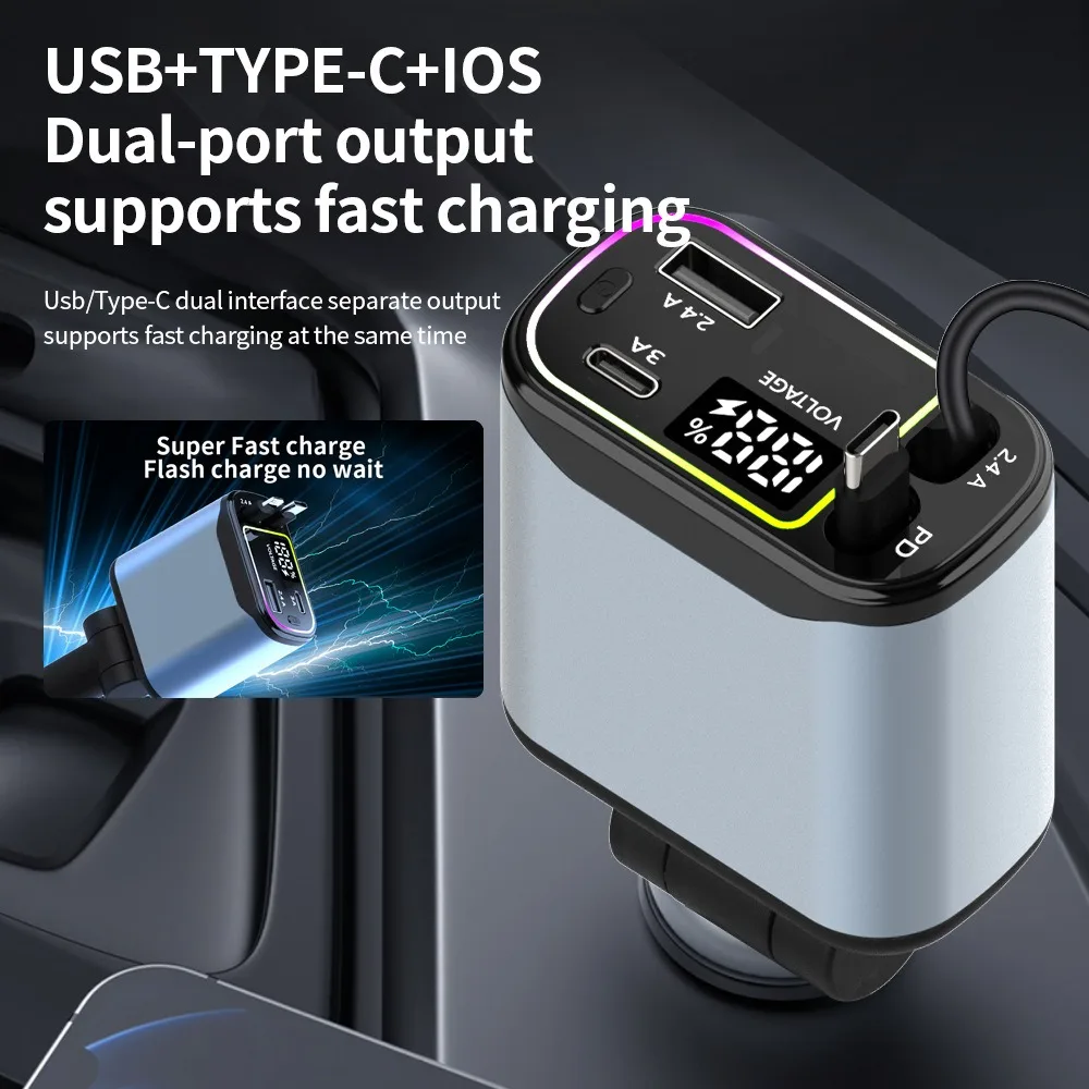Szybka ładowarka samochodowa z wysuwanym kablem Quick Charge 3.0 Podwójne porty USB Adapter samochodowy do iPhone'a i Androida z wyświetlaczem cyfrowym