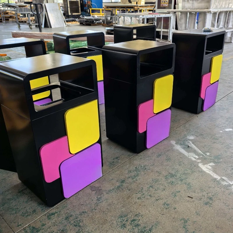 Outdoor colorful iron logo for public trash cans, suitable for schools, parks, squares - modern commercial sanitation trash cans