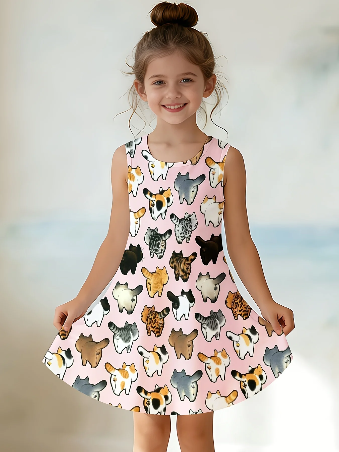Trendy Girls Cat Print Dress, Whimsical Multi-color Cat Butt Allover Print, Sleeveless Summer Skater Dress