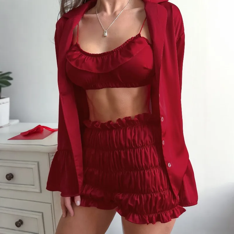 2026 European American Spring Summer New Women's 3 Piece Rose Satin Long Sleeve Shorts Pajamas Suspender Underwear Set Casual