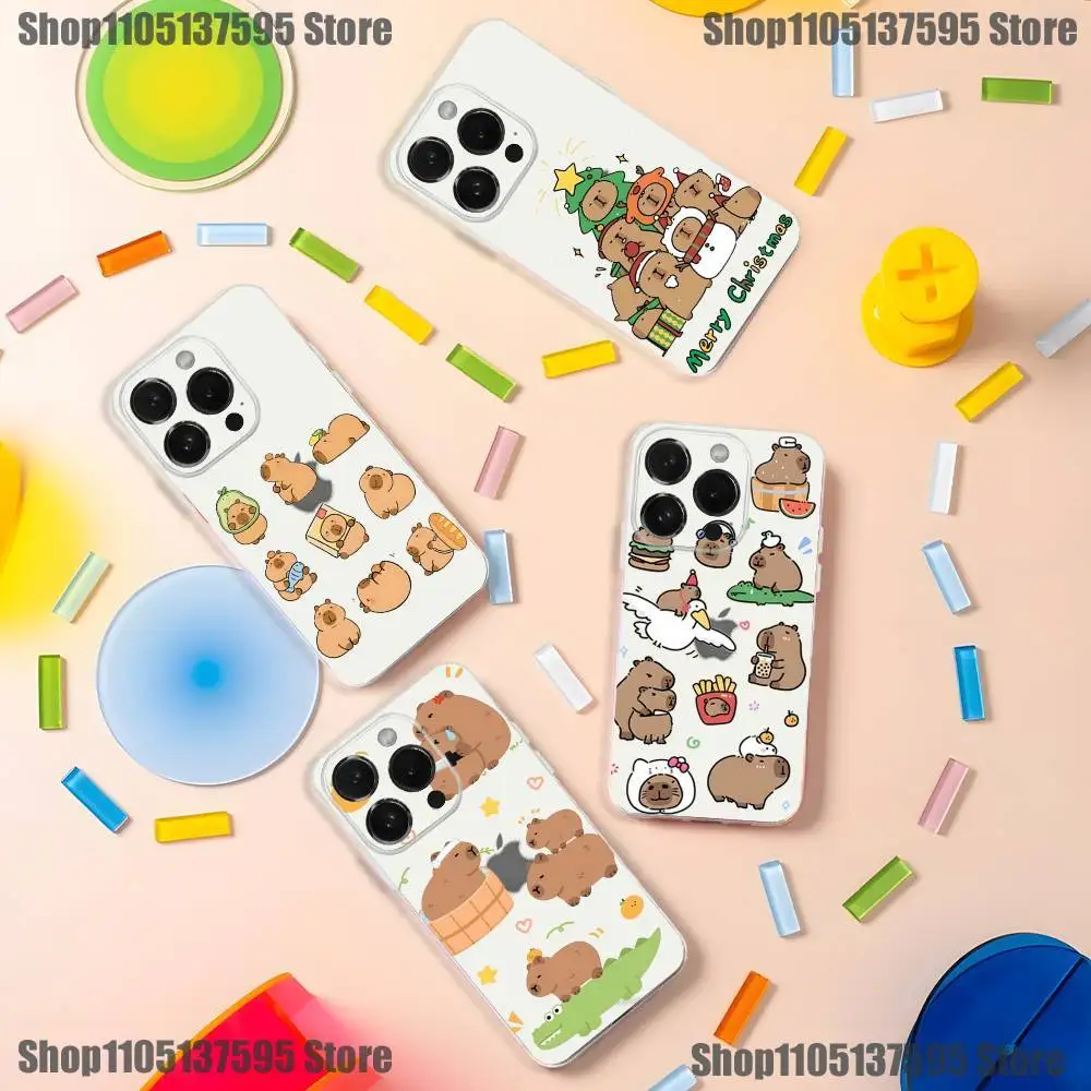 Casing HP Lucu Kartun Kapibara Imut Untuk iPhone 16,15,14,13,12,11 Pro,Max,Plus,X,XS,XR,SE4,E Mini Transparan Bahan Lembut