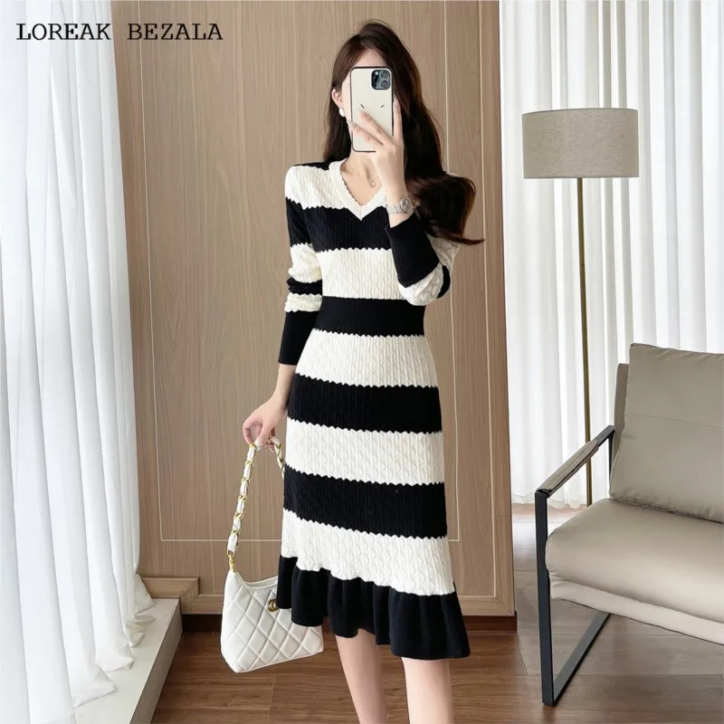 

Black Women's knitted dress Elastic Stripes French fragrance Spring/ Autumn dress socialite leisure vacation One-piece dress