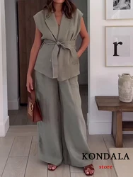 TRAFZA Vintage Gray Solid Chic Women Suit Sleeveless Notched Belt Top Straight Loose Pants New Fashion 2024 Summer Sets