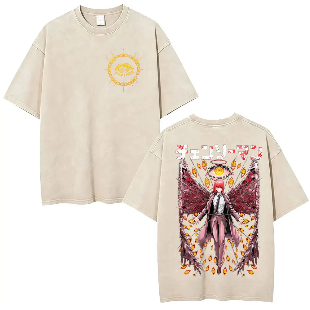 Japanese Anime MAKIMA Chainsaw Man Retro Washed T Shirts Men Women Harajuku Fashion High Quality Short Sleeve T-shirt Streetwear