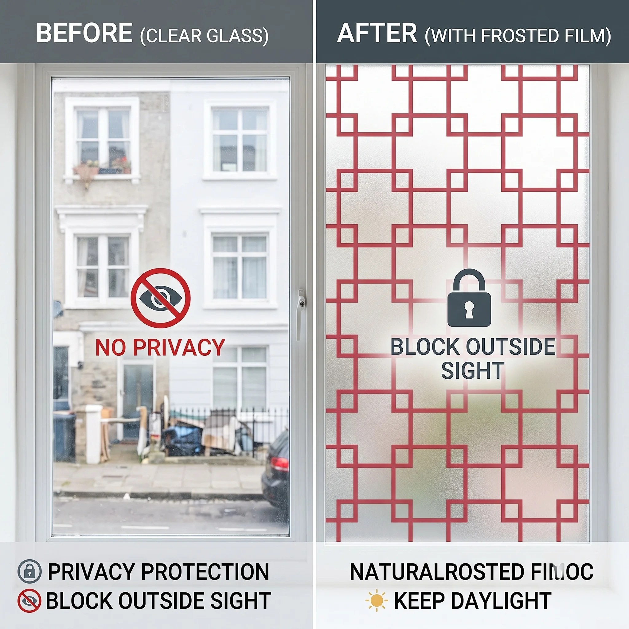 Reddish-Brown PVC Window Film Frosted Self-Adhesive Privacy Protection Chinese Lattice Maze Grid Design Removable No Residue