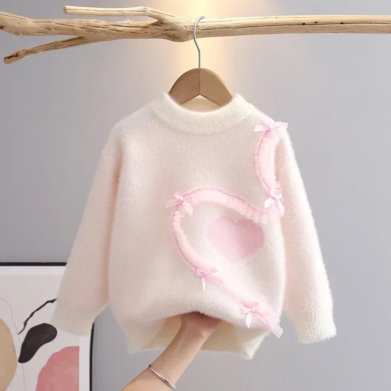 Girls Sweater Pullover Autumn and Winter Children's Knitted Wearing Toddler Girls Pink Sweater Cute Sweet Lace Pulls 110-150