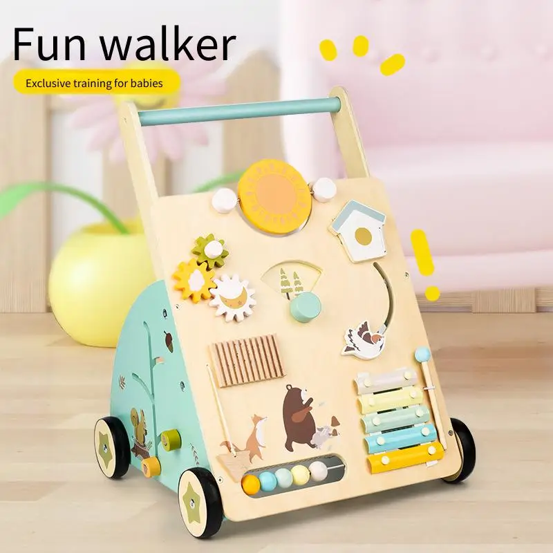 

Wooden Baby Walker Push Toy Learning Walking Assistant First Steps Helper with Activity Blocks Natural Wood Toddler Walking