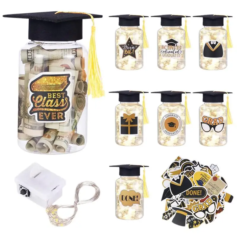 

8 pcs Graduation Jar Decorations Pendant 2024 LED Lighting Graduation Jar Graduation Bottle With Stickers Hat Shape Lid