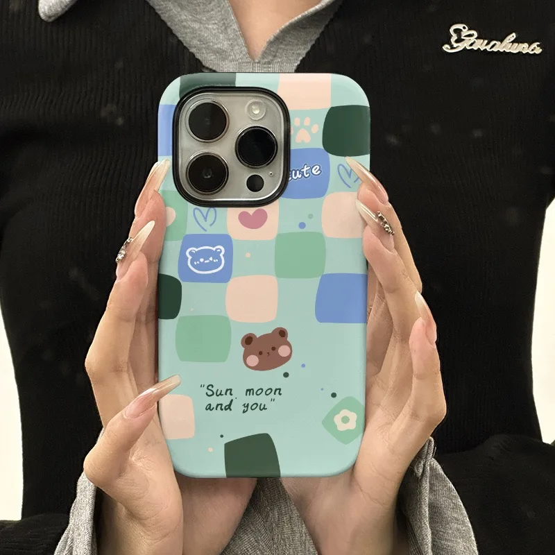 

Mint Green Checkered Teddy Bear Cartoon Phone Case for IPHONE 16 15 PRO MAX 14 13 12 11 XR Acrylic TPU Two in One Phone Cases