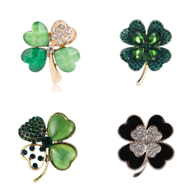 WEIMANJINGDIAN Brand Green Four Leave Clover Irish Shamrock Lucky Crystal Brooches and Lapel Pins Collections