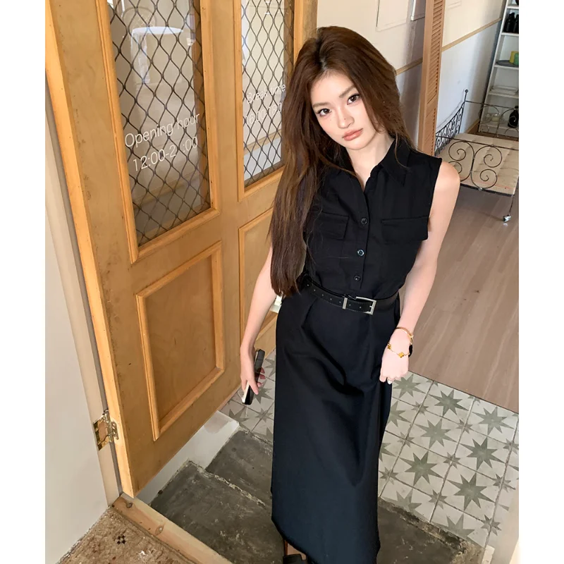 Femmes printemps été col de chemise sans manches robe longue avec ceinture élégant décontracté Vintage élégant bureau dame Blouse robe