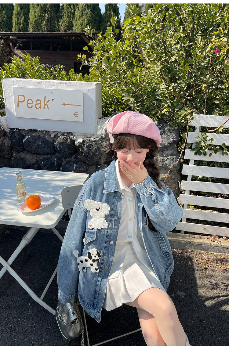 2025 Spring and Autumn New Loose Cute Style Cartoon Embroidered Blue Turn-Down Collar Long Sleeve Denim Jacket White Sweet Shirt