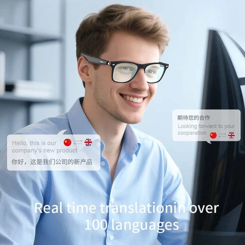Okulary przeciwsłoneczne FIR IWO Bluetooth z odtwarzaczem muzyki, funkcją tłumaczenia, ochroną przed niebieskim światłem, sterowaniem dotykowym, wbudowanym głośnikiem i mikrofonem.