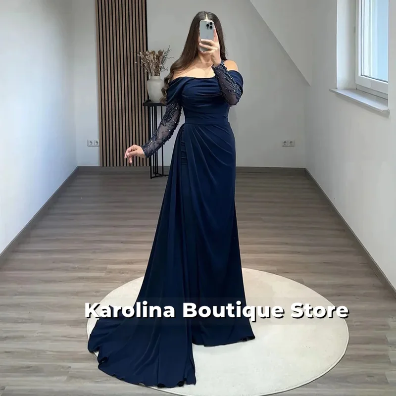 Navy Mermaid Evening Dress for Weddings Customized Long Sleeves Beading Ruched Sweep Train Formal Prom Gown Robe De Soiree