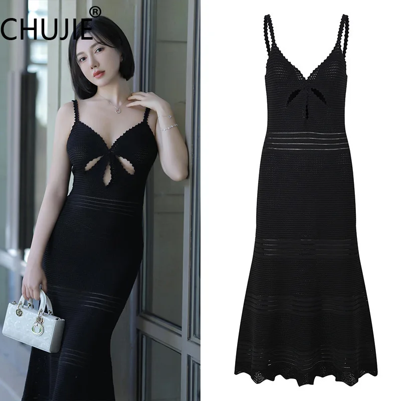 

CHUJIE Women's Dress 2025 Spring/Summer New Classic Black Hollow Knitted Fishtail Slimming Sexy Vacation Style Strap Dress