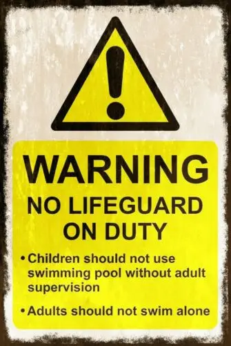 Warning No Lifeguard Vintage Look Retro Style Metal Safety Sign, Pool Swimming