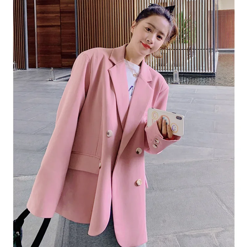 Blazer rosa de manga comprida feminino, jaqueta casual, casacos trespassado, monocromático, senhoras do escritório, marcas de luxo, moda coreana