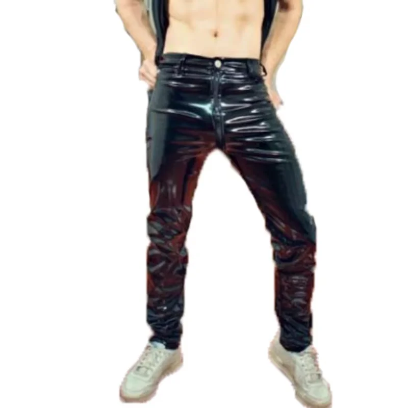 New Sexy Men's Shiny PVC Leather Zipper Open Crotch Exotic Pants Dancing Trousers Bar and Nightclub Stage Performances