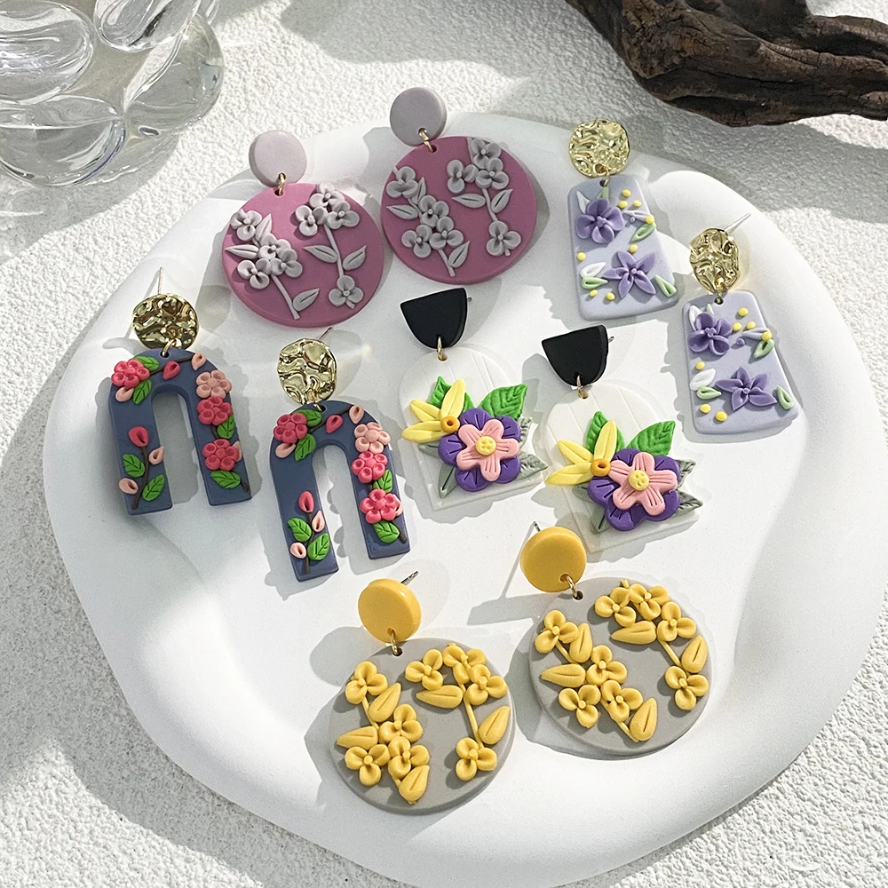 AENSOA Women\'s Multiple Three-dimensional Flower Earrings Trendy Polymer Clay Alloy Geometry Origin Chic Drop Earring Jewelry