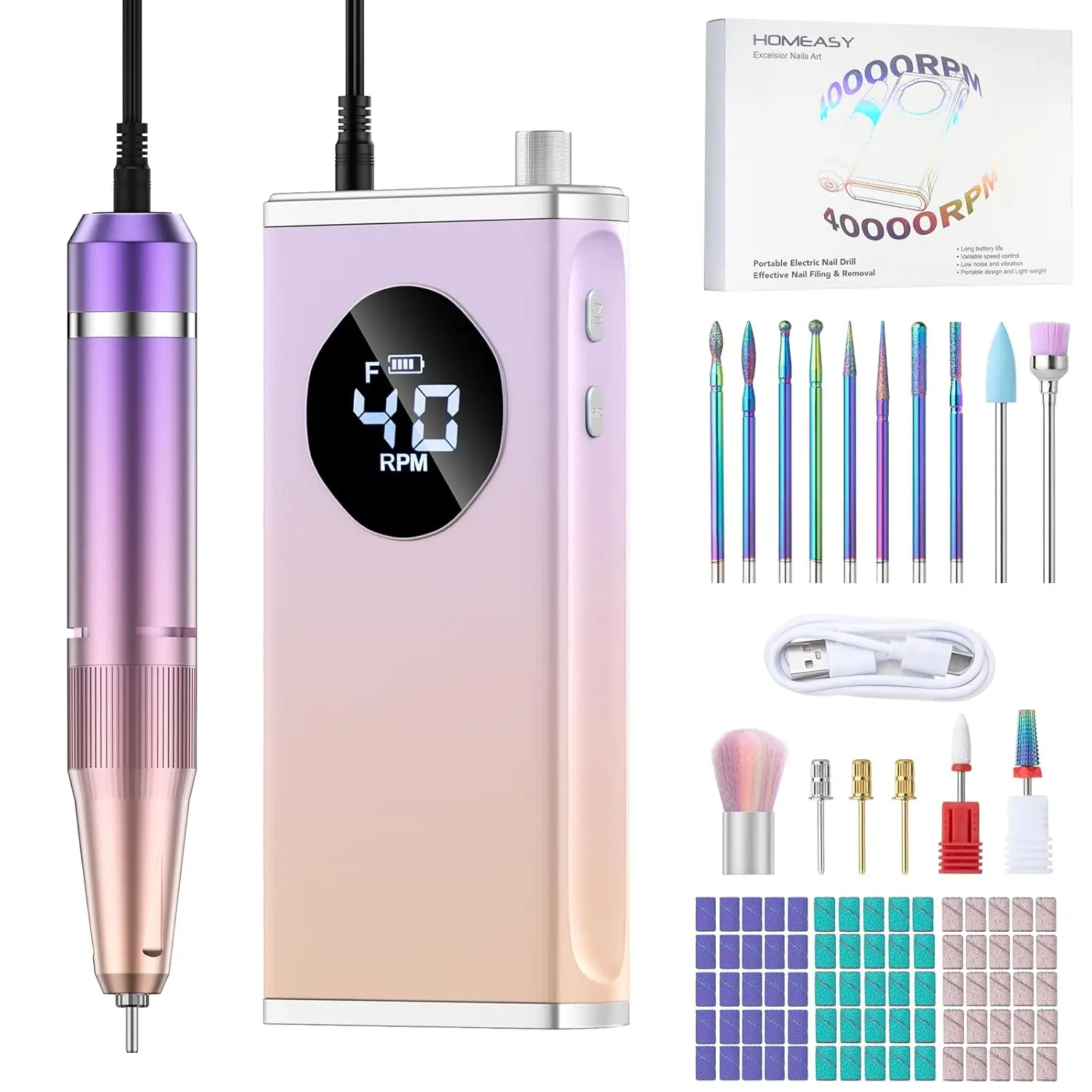 

Professional Electric Nail Drill, 40000RPM Rechargeable with 15 Bits for Acrylic Gel Nails Salon Home Use