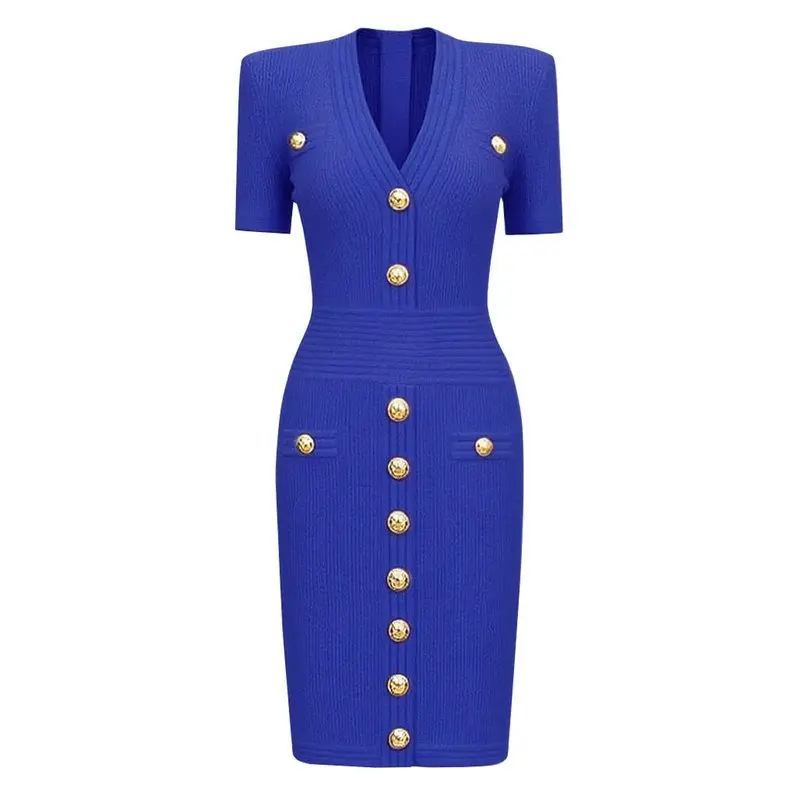 

High Quality Extended Summer 2025 Fashion Knitted V-Neck Slimming Short Sleeve Dress Women's mid Waist Zipper Basic Style