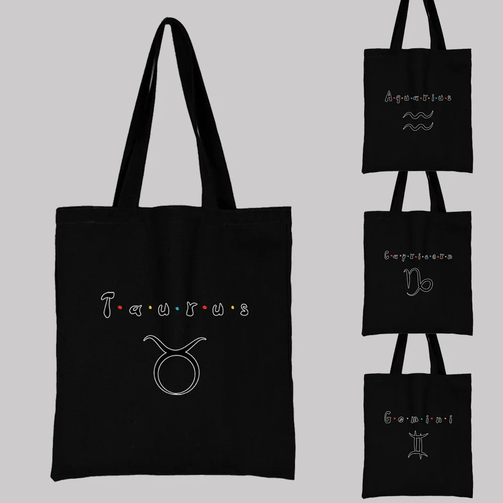 

Women's Black Shopping Bag Casual Large-capacity Shoulder Bag Reusable Twelve Constellation Pattern Printed Canvas Carrying Bag