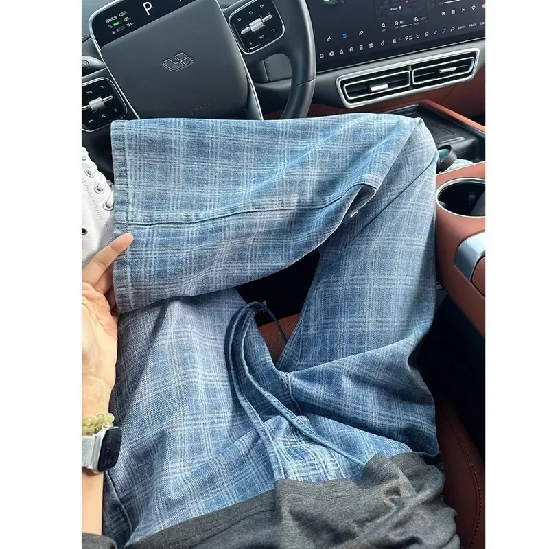 Fmxires New American Retro Blue Plaid Men's Summer Thin Design High Waist Loose Wide Leg Jeans Casual Comfortable Fashionable