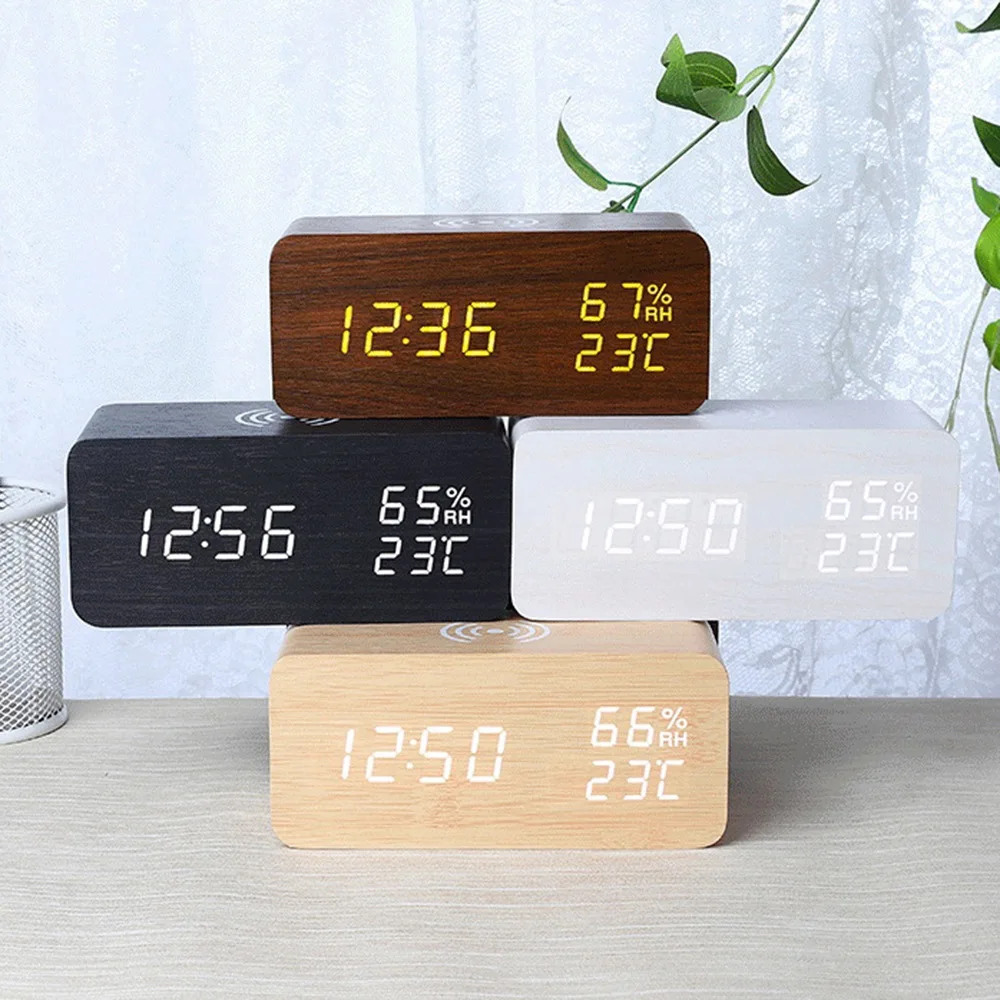 

Digital Alarm Clock, Temperature And Humidity Alarm Clock LED Electronic Clock Smartphone Wireless Charger