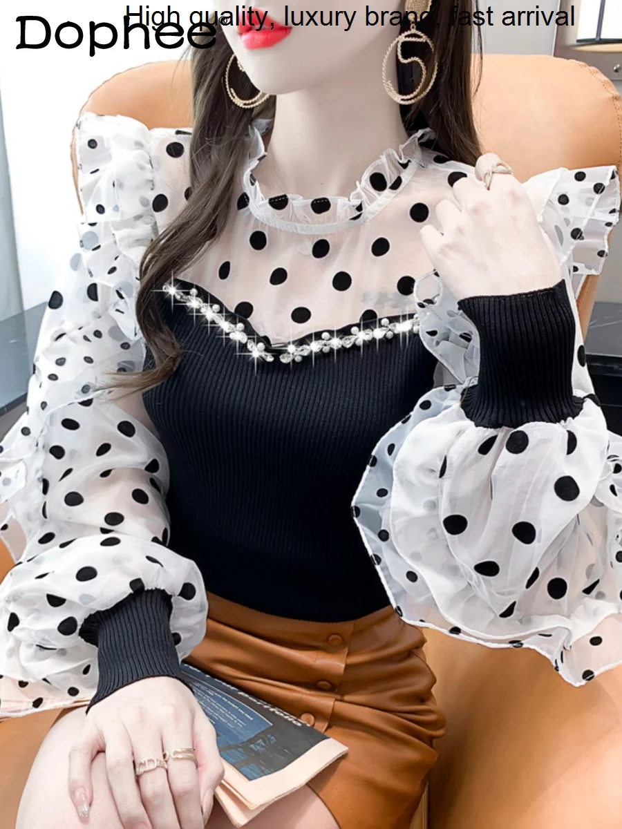 Ruffled Polka Vintage Dot Slim Knit Bottoming Tshirt Black Slim-Fit Jumper Women 2023 New Spring Autumn Inner Match Tops