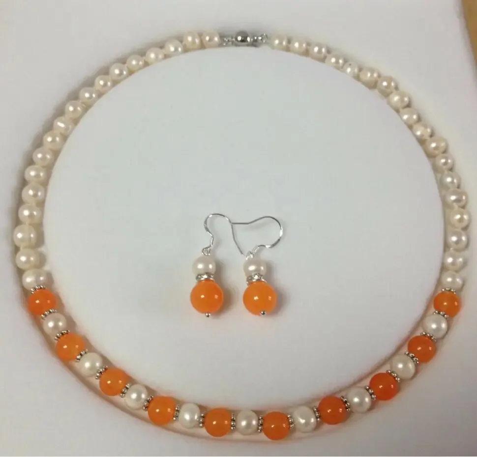 

7-8MM White Akoya Cultured shell Pearl/Orange Jade necklace earrings set 18"No box