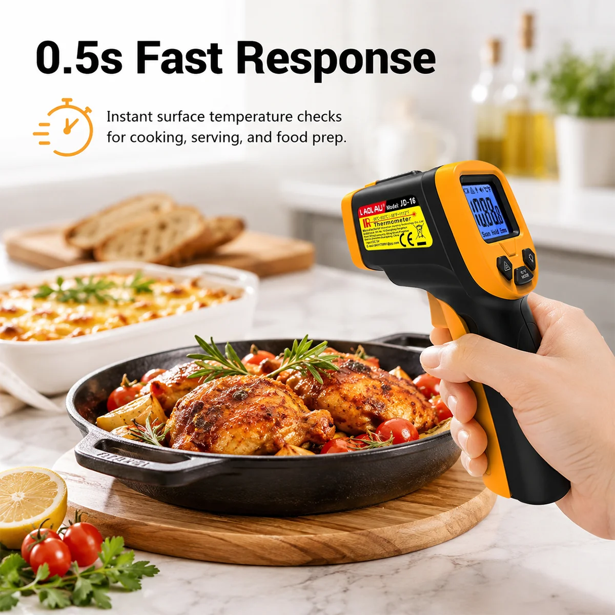 JD-16 Infrared Thermometer Gun for Cooking -50°C to 600°C 12:1 Laser Surface Temperature Meter for Pizza Oven Griddle Frying Oil