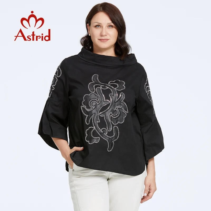 Astrid Women\'s T-shirt Plus Size Loose Cute Top Female Dating Tee Blouse Flared Sleeve Stand-Up Collar Diamonds Fashion Clothing