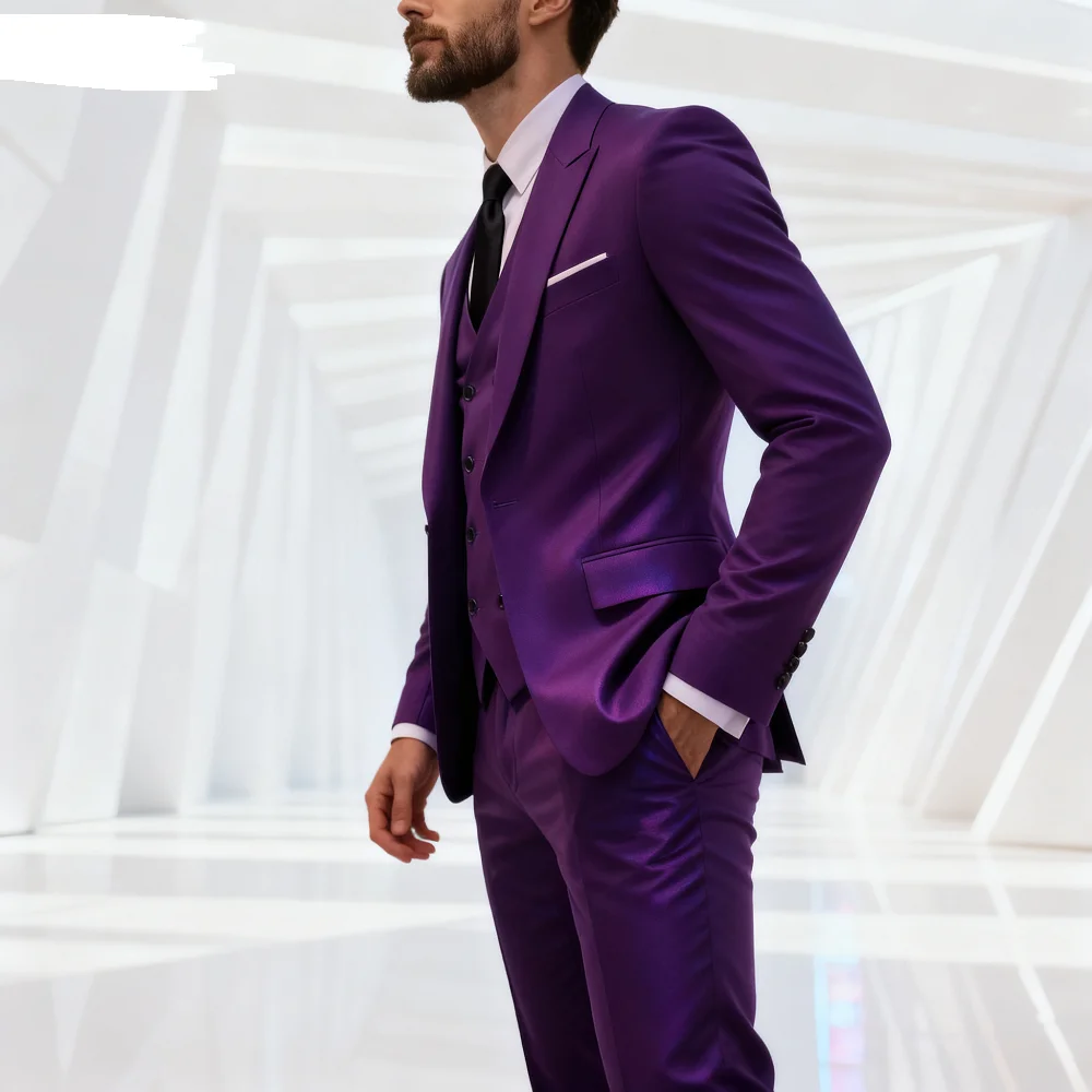 

Elegant 3 Piece Burgundy Men's Suits Full Set Single Breasted Peaked Lapel Blazer Formal Prom Business Suit with Vest And Pants