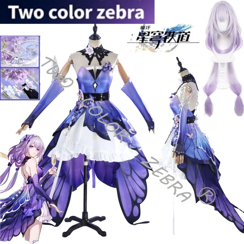

Castorice New Purple Dress Cosplay Costume Game Honkai Star Rail Butterfly Props Wig Black Choker Full Set Halloween Roleplay