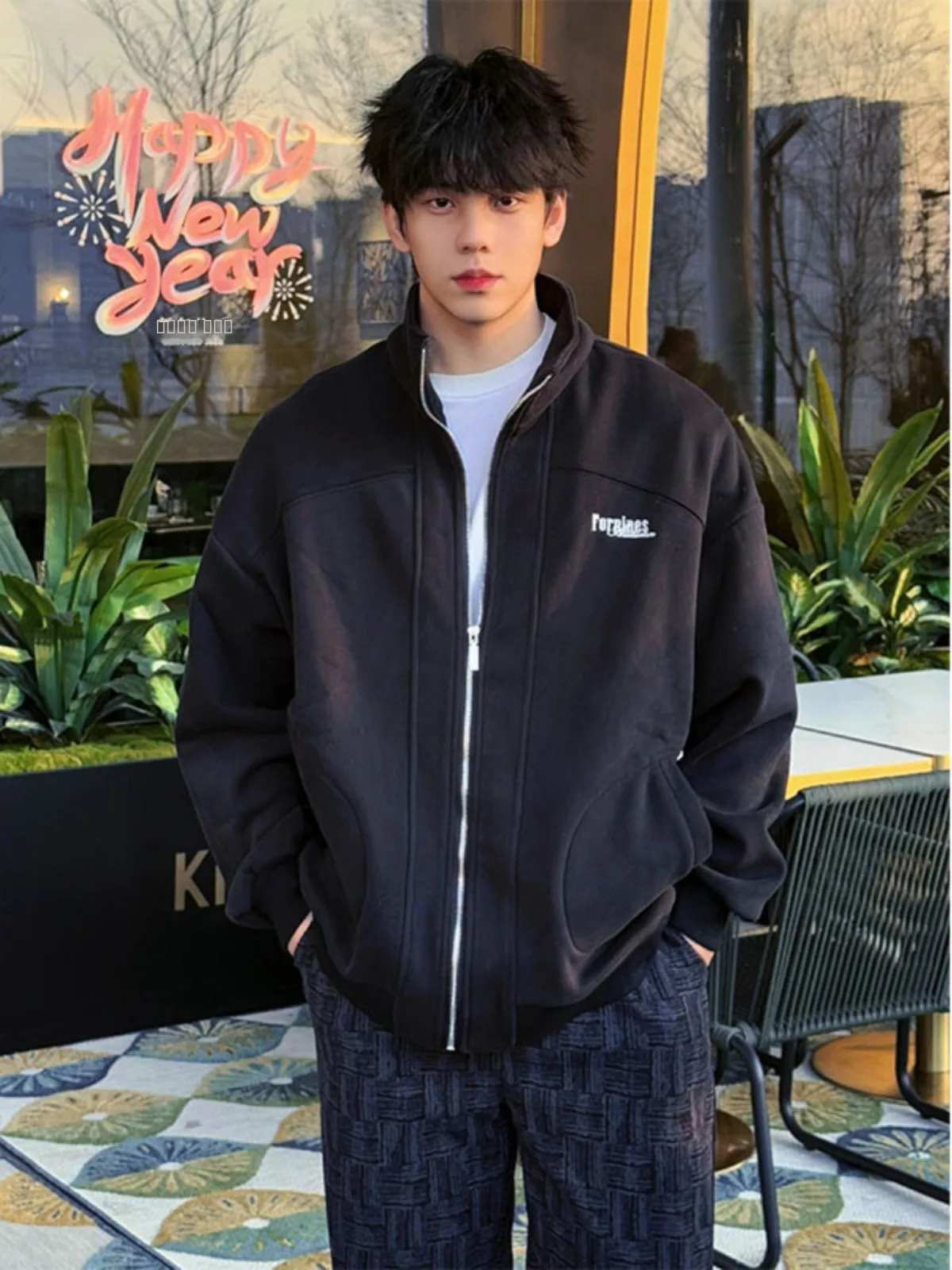 

Black Embroidered Open Cardigan Sweatshirt Jacket Men's Sportswear High Street Style Cleanfit Stand Collar Jacket for Autumn ...