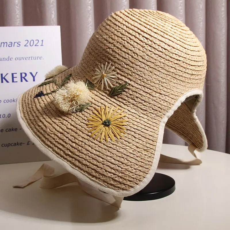 デザイナー刺繍入りラフィア麦わら帽子-レディース-春夏-バケーション-日焼け対策-つば広-ネクタイ付き-ドールハット-おしゃれ-折りたたみ可能