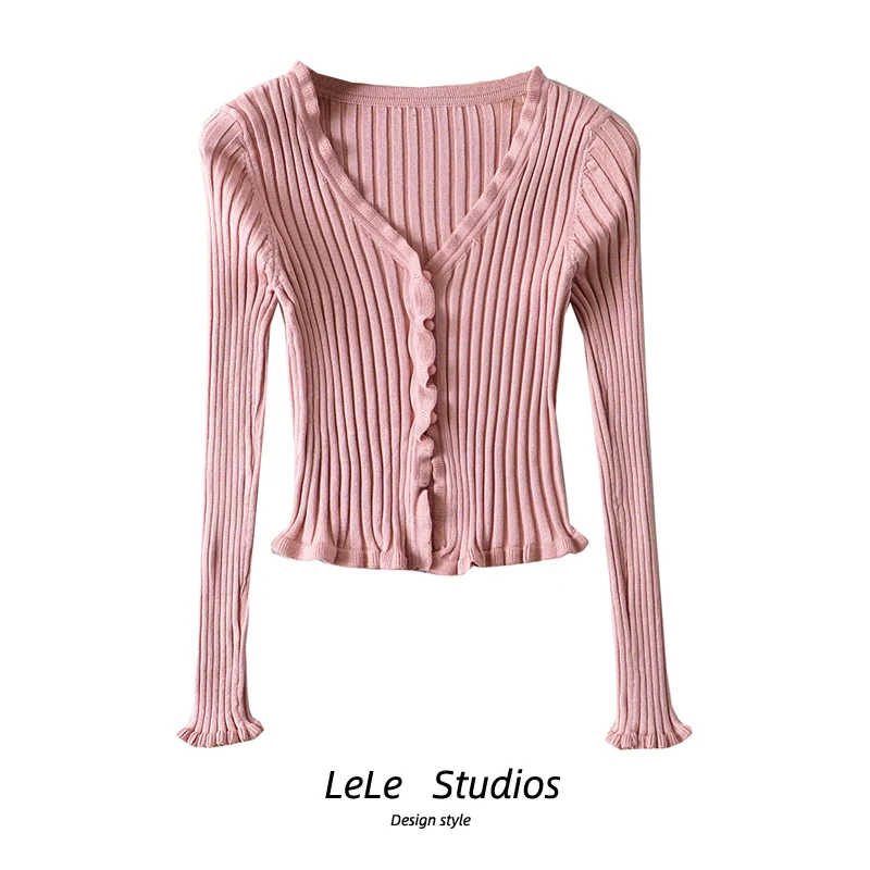 

American Retro Girl Wooden Ear V-ne Button Elastic Slimming Outerwear Open Cardigan ort Top Sweater Sweet Sle