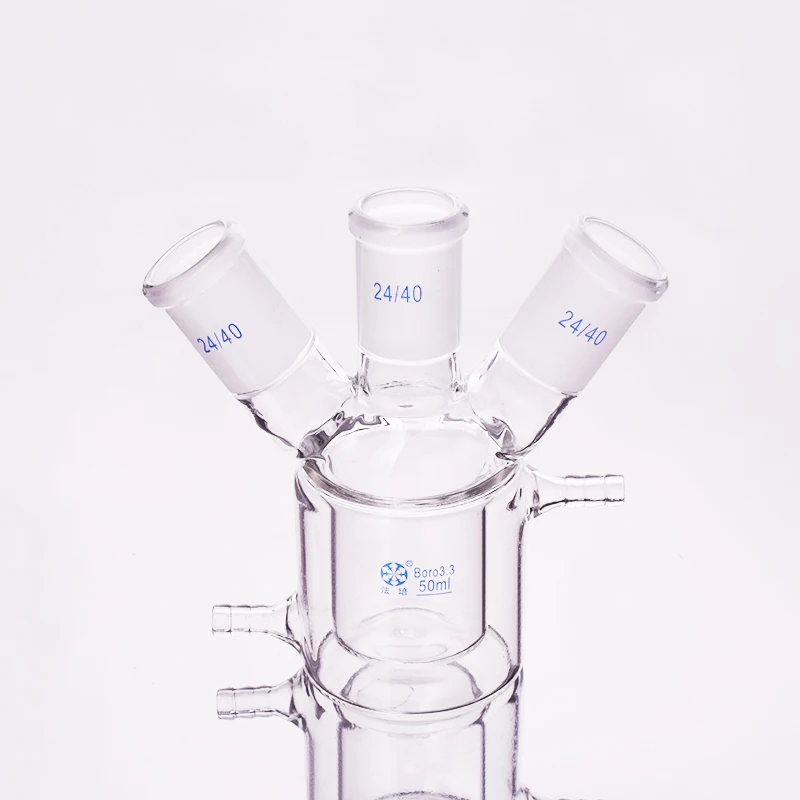 FAPEI Double-deck cylindrical three-necked flat bottom flask,Capacity 50mL,Joint 24/40,Mezzanine jacketed reactor bottle