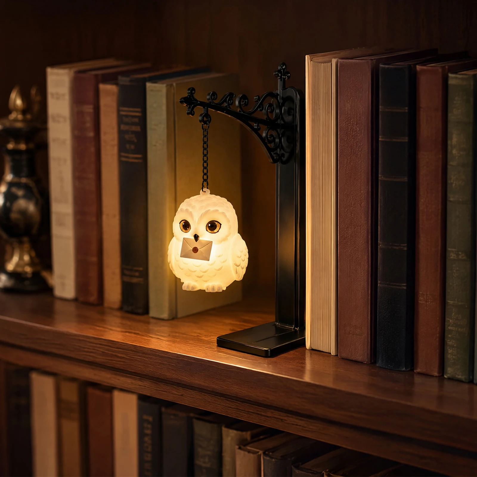 Magic Owl Iron Bookend Lamp Metal Shelf Light Book Organizer Vintage Decor for Home Library Reading Room Office Gift
