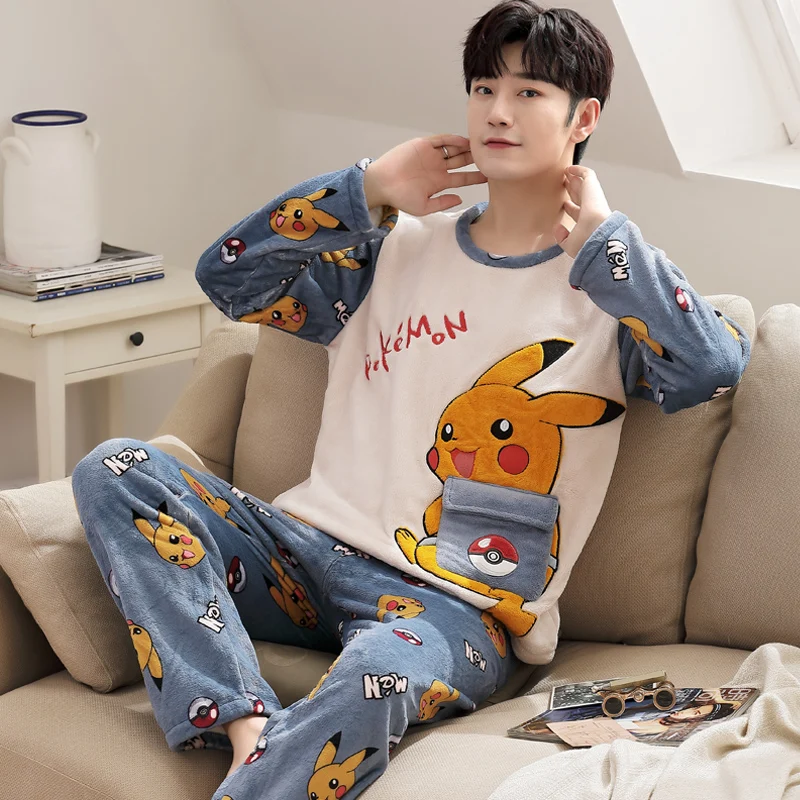 Casual Cartoon Winter Thicken Flannel Warm Pajamas For Men Sets Male Long Sleeve Sleepwear Homewear Loose Pajama Plus Size 3XL