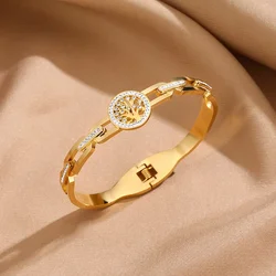 Luxury Stainless Steel Tree of Life Bracelet For Women Men Golden Cubic Zircon No Fade Color Lucky Cuff Bangle Jewelry